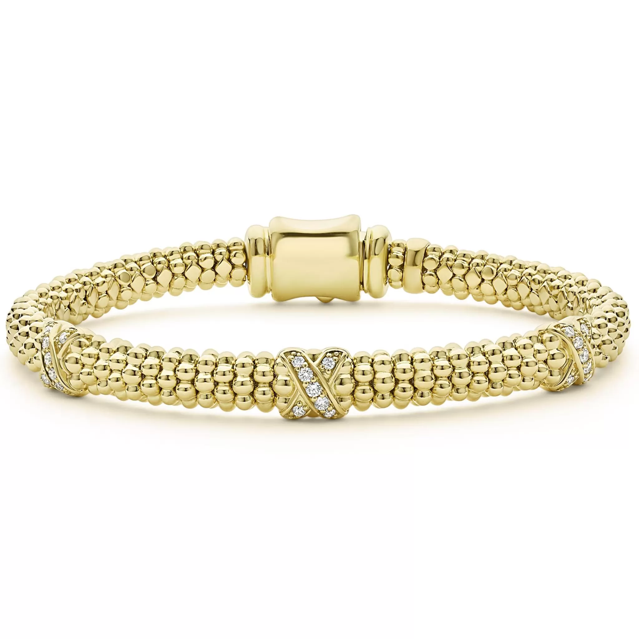 Shop LAGOS 18K Gold Three Station X Diamond Caviar Bracelet | 6Mm