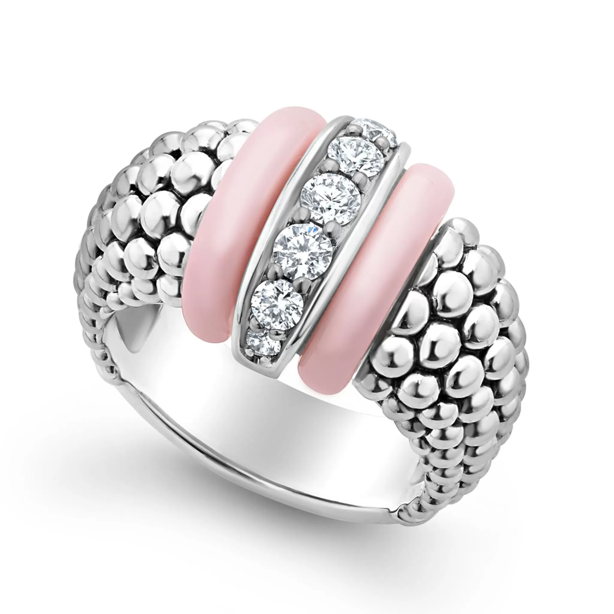 Hot LAGOS Pink Ceramic Caviar Diamond Ring