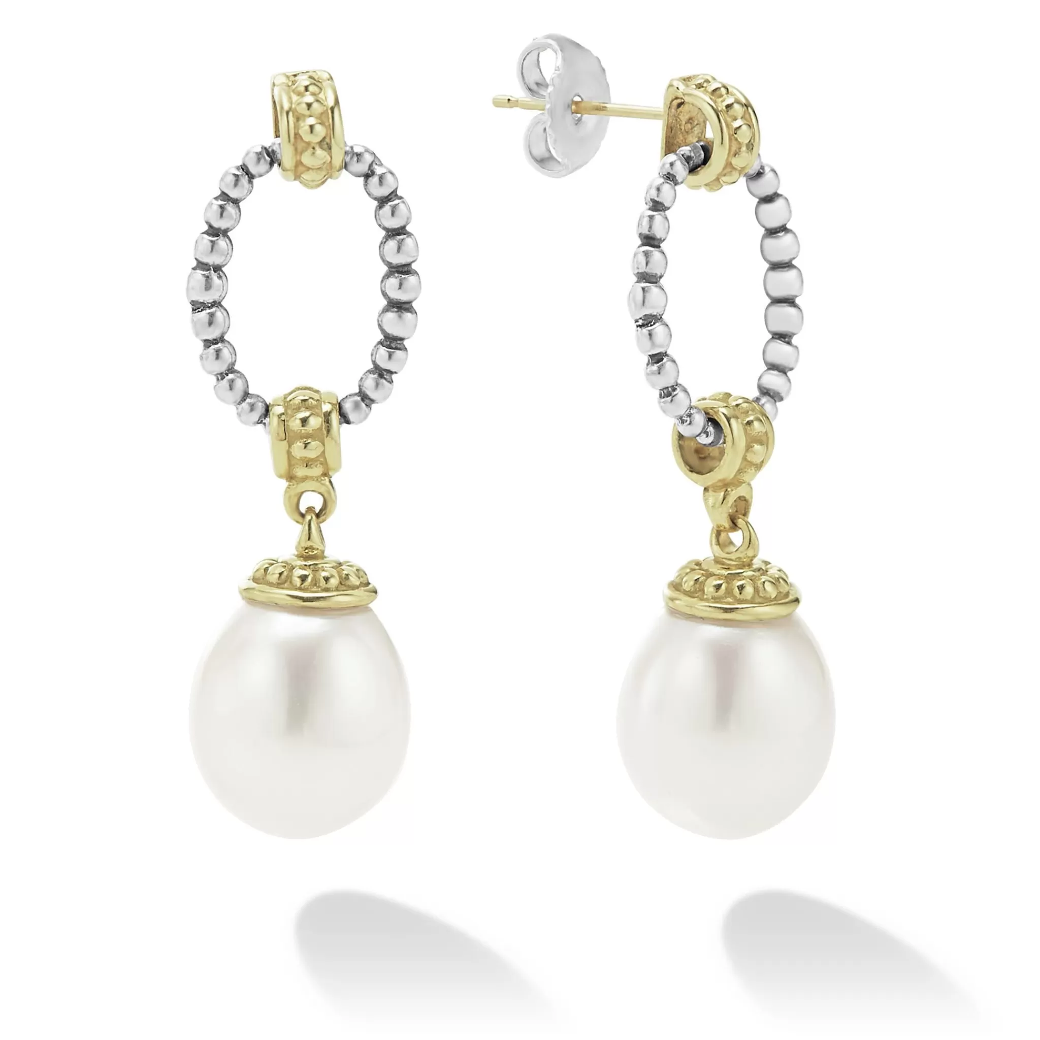 New LAGOS Two-Tone Oval Drop Pearl Earrings